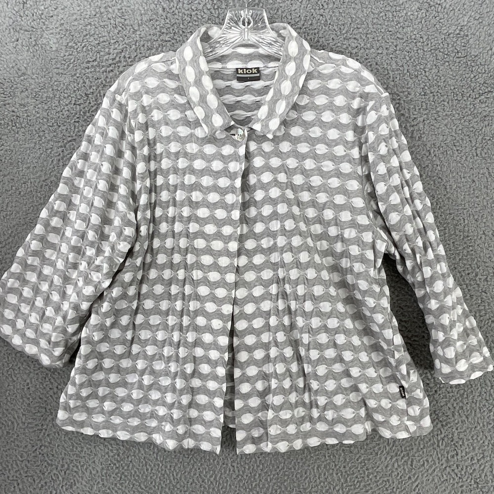 Klok Button-Up Tunic Womens L Gray Geometric 100% Cotton Collared 3/4 Sleeve